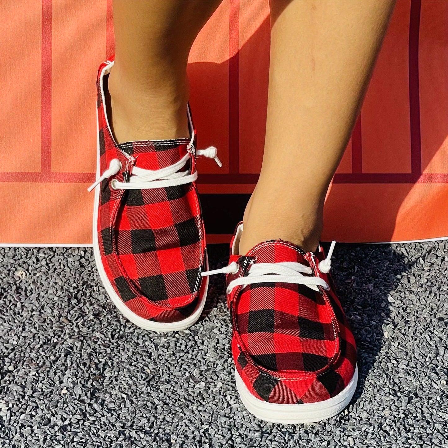 Women's Red Plaid Pattern Canvas Sneakers, Casual Lace Up Low Top Flat Shoes, Lightweight Walking Shoes